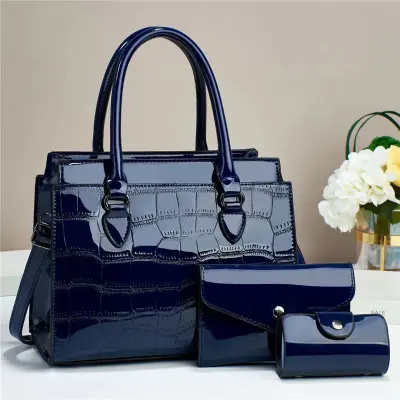 Women Fashion Casual Solid Color Embossed Large Capacity Handbag Three-Piece PU Bag Set