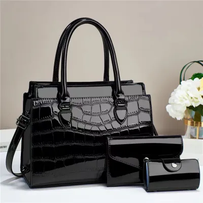 Women Fashion Casual Solid Color Embossed Large Capacity Handbag Three-Piece PU Bag Set