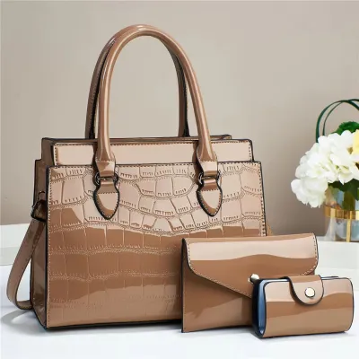 Women Fashion Casual Solid Color Embossed Large Capacity Handbag Three-Piece PU Bag Set