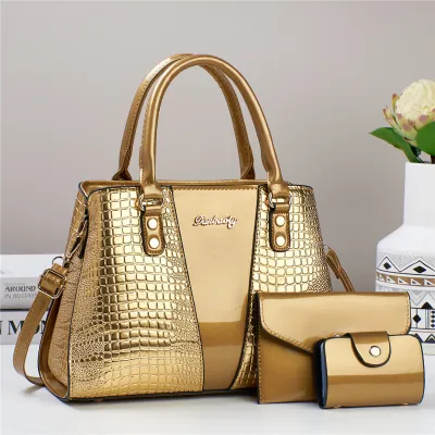 Women Fashion Casual Solid Color Crocodile Pattern Bright PU Leather Large Capacity Handbag Tote Three-Piece Set