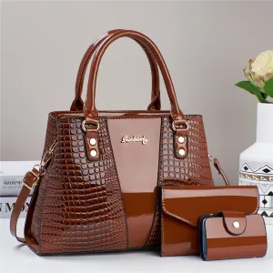 Women Fashion Casual Solid Color Crocodile Pattern Bright PU Leather Large Capacity Handbag Tote Three-Piece Set