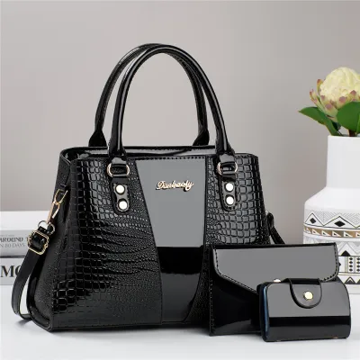 Women Fashion Casual Solid Color Crocodile Pattern Bright PU Leather Large Capacity Handbag Tote Three-Piece Set
