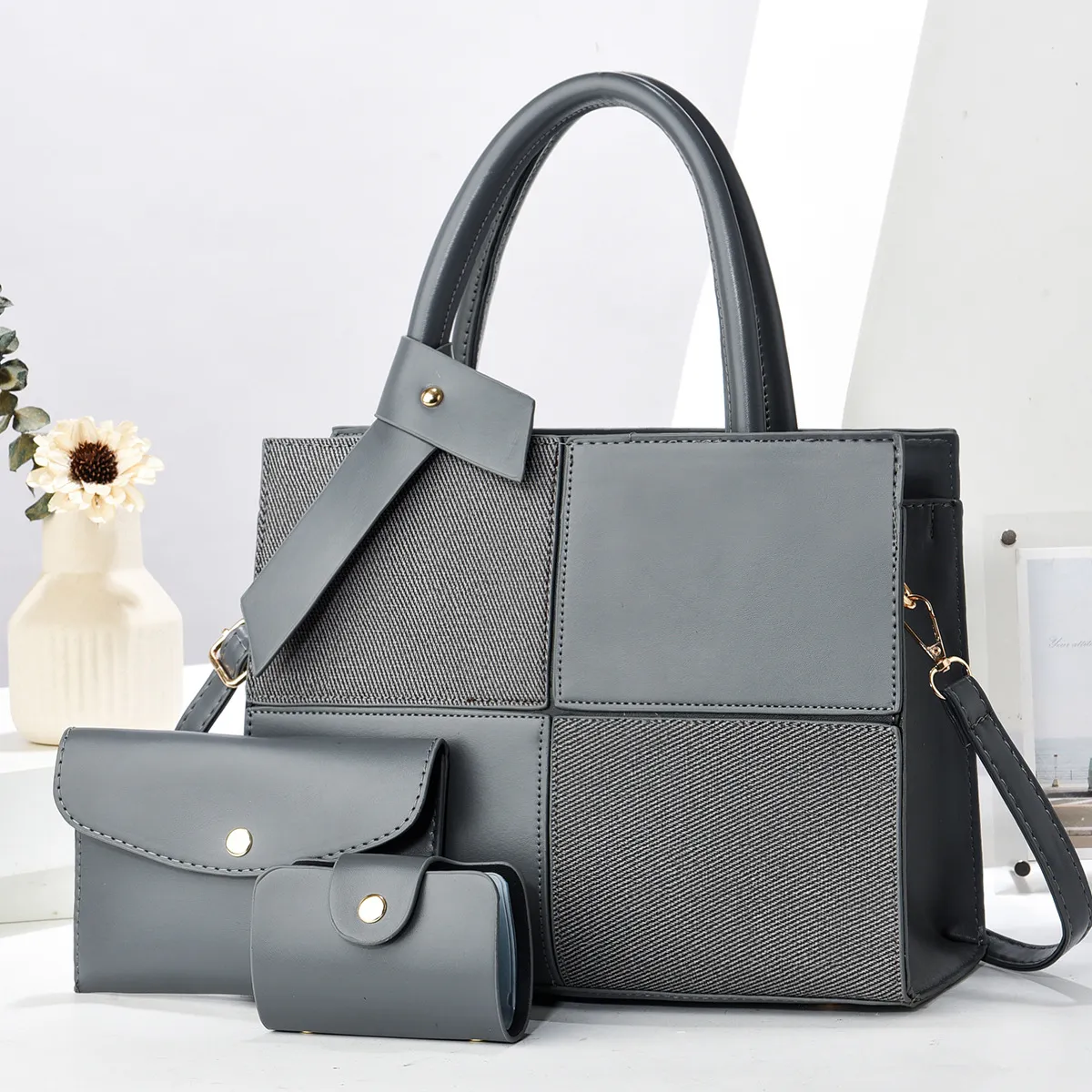 Women Fashion Casual Contrast Color Large Capacity Handbag Three-Piece Bag Set