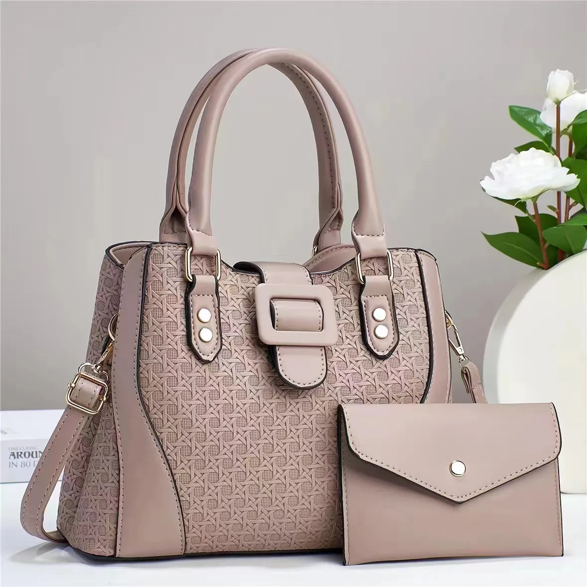 Women Fashion Casual Solid PU Large Capacity Two-Piece Handbag Set Bucket-Shaped