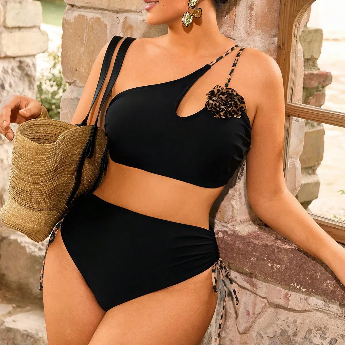 Women Fashion Sexy Plus Size Irregular Single Shoulder Bikini Swimsuit