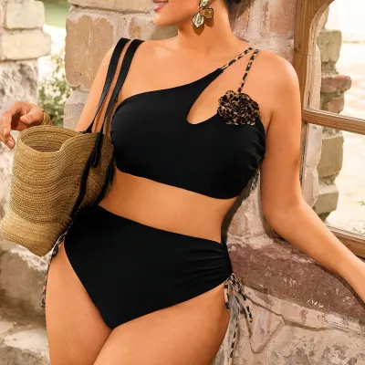 Women Fashion Sexy Plus Size Irregular Single Shoulder Bikini Swimsuit