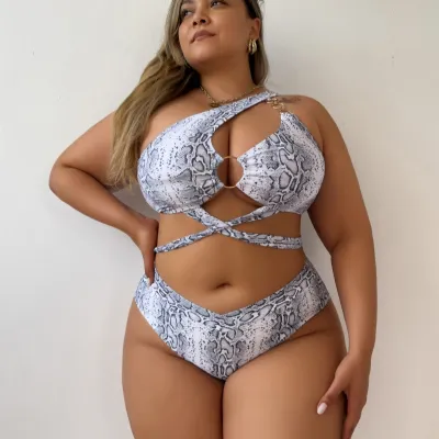 Women Fashion Sexy Plus Size Irregular Snake-Print Bikini Swimsuit
