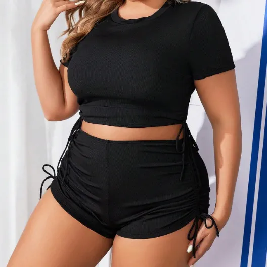 Women Fashion Solid Color Plus Size Drawstring Tankini Swimsuit