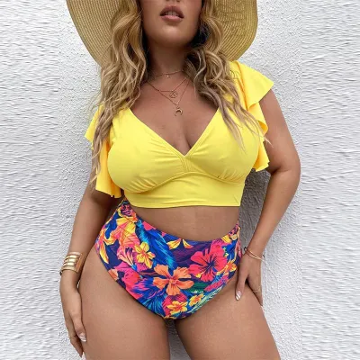 Women Fashion Sexy Plus Size Printed Ruffled High Waist Tankini Swimsuit