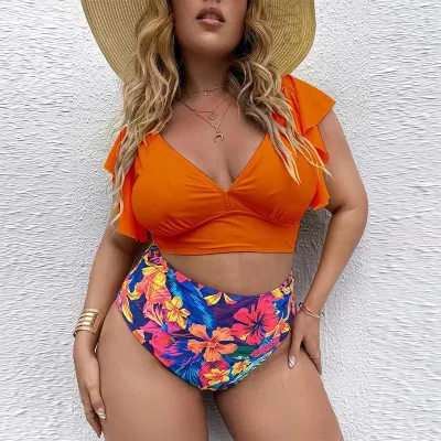 Women Fashion Sexy Plus Size Printed Ruffled High Waist Tankini Swimsuit