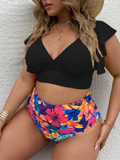 Women Fashion Sexy Plus Size Printed Ruffled High Waist Tankini Swimsuit