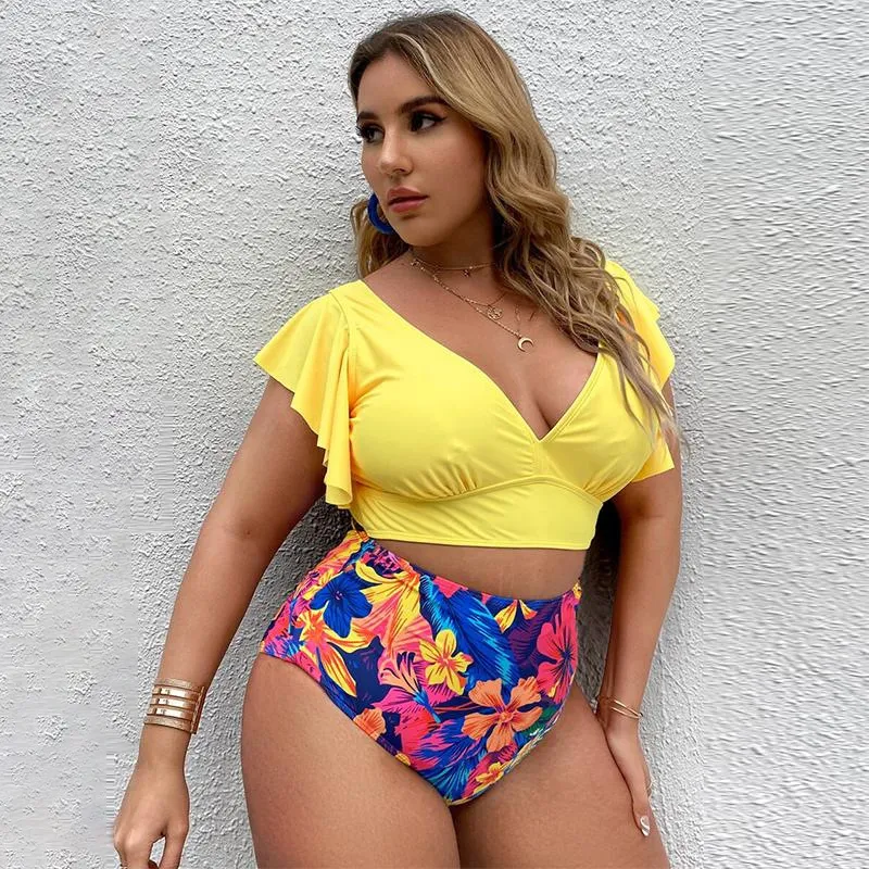 Women Fashion Sexy Plus Size Printed Ruffled High Waist Tankini Swimsuit