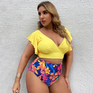 Women Fashion Sexy Plus Size Printed Ruffled High Waist Tankini Swimsuit