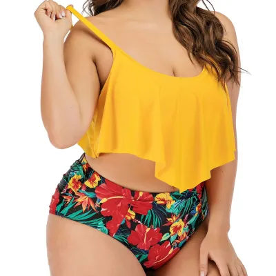 Women Fashion Sexy Plus Size Solid Color Top Printed Tankini Swimsuit