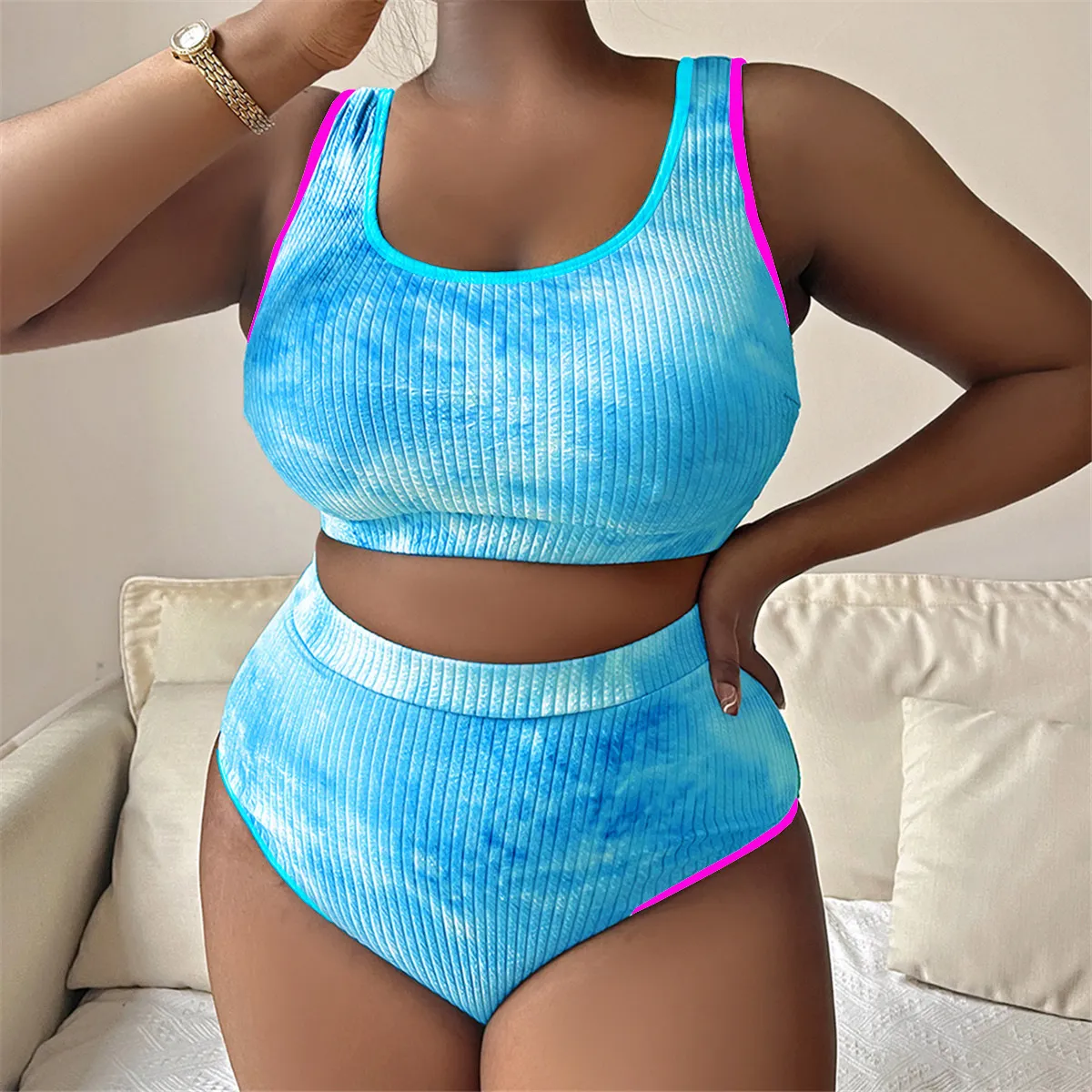 Women Fashion Sexy Plus Size Tie-Dye Contrast Color Edge Tankini Swimsuit