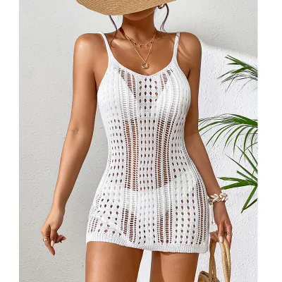 Women Fashion Sexy Solid Color Textured Hollow-Out Perspective Crochet Swim Cover Up