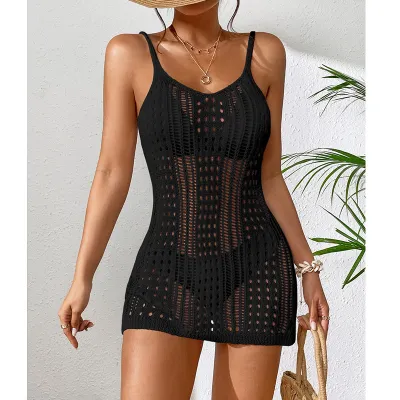 Women Fashion Sexy Solid Color Textured Hollow-Out Perspective Crochet Swim Cover Up