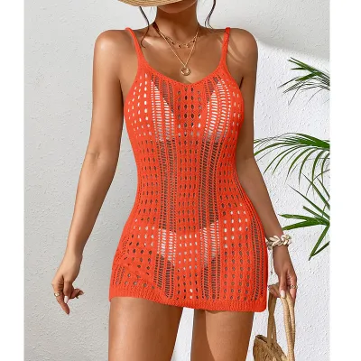 Women Fashion Sexy Solid Color Textured Hollow-Out Perspective Crochet Swim Cover Up