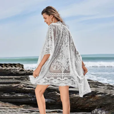 Women Fashion Sexy Solid Color Hollow Lace Beach Swimsuit Cover-Ups