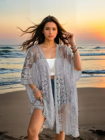 Women Fashion Sexy Solid Color Hollow Lace Beach Swimsuit Cover-Ups