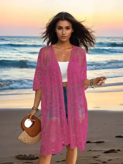 Women Fashion Sexy Solid Color Hollow Lace Beach Swimsuit Cover-Ups