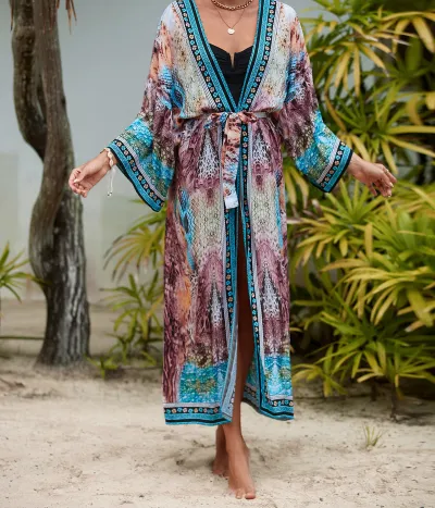 Women Fashion Casual Cotton Print Long-Sleeve Beach Swimsuit Cover-Ups