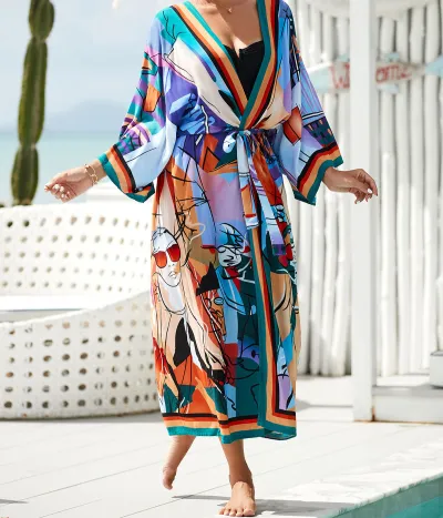 Women Fashion Casual Cotton Print Long-Sleeve Beach Swimsuit Cover-Ups