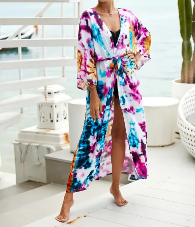 Women Fashion Casual Cotton Print Long-Sleeve Beach Swimsuit Cover-Ups