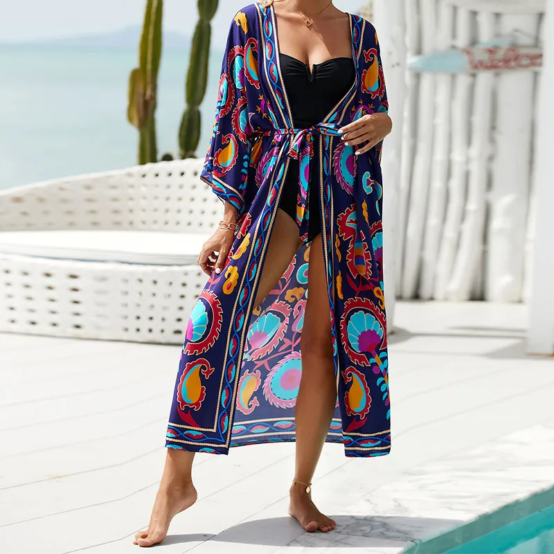 Women Fashion Casual Cotton Print Long-Sleeve Beach Swimsuit Cover-Ups