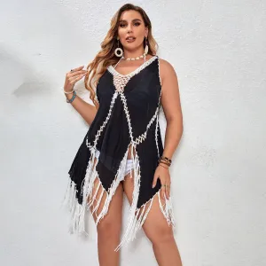 Women Fashion Sexy Color Block Hollow Out Tassel Beach Swimsuit Cover-Ups
