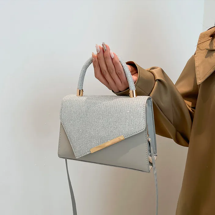 Women Fashion Casual Solid Color Rhinestone Portable Small Square Handbag