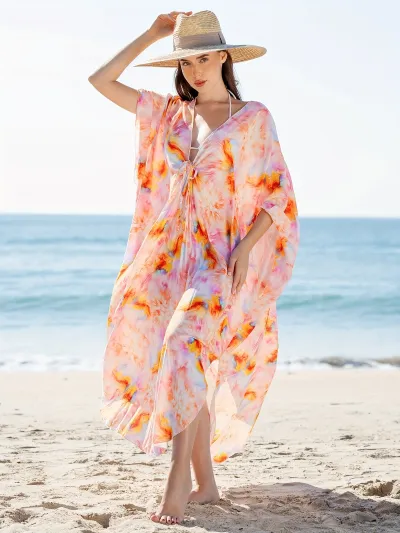 Women Fashion Sexy Tie-Dye Printed Loose Beach Swimsuit Vocer-Ups