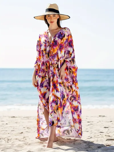 Women Fashion Sexy Tie-Dye Printed Loose Beach Swimsuit Vocer-Ups