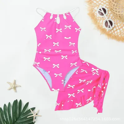 Kids Girls Fashion Cute Bowknot Printed One-Piece Swimsuit