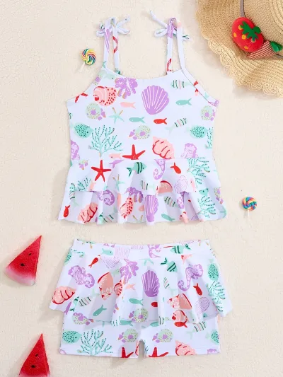 Kids Girls Fashion Cute Printed Quick-Dry Polyester Ruffled Swimsuit