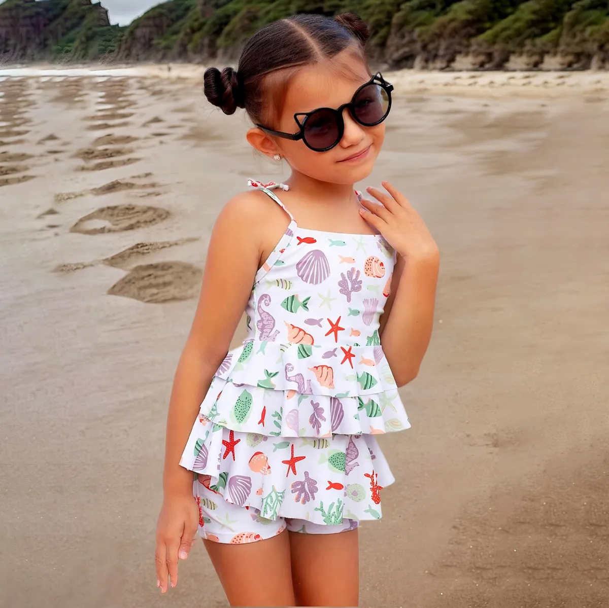 Kids Girls Fashion Cute Printed Quick-Dry Polyester Ruffled Swimsuit