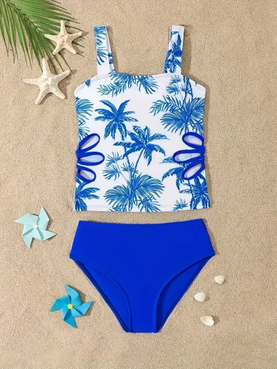 Kids Girls Fashion Printed Hollow Out Tankini Swimsuit with Polyester Spandex