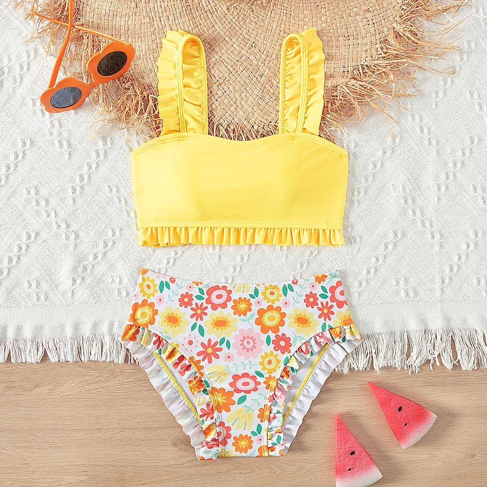 Kids Girls Fashion Cute Solid Tiny Flower Tankini Swimsuit Polyester