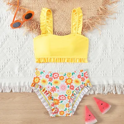 Kids Girls Fashion Cute Solid Tiny Flower Tankini Swimsuit Polyester
