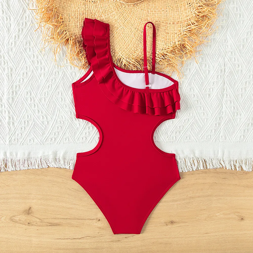 Kids Girls' Fashion Solid Color Slanted Shoulder Ruffled One-Piece Swimsuit