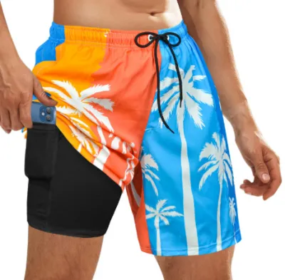 Men Fashion Casual 3D Digital Printing Double Layer Beach Shorts