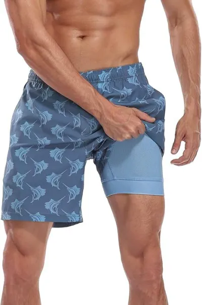 Men's Fashion Casual 3D Digital Printing Double-Layer Beach Shorts with Super Soft Polyester