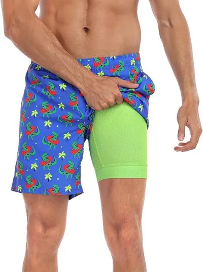Men's Fashion Casual 3D Digital Printing Double-Layer Beach Shorts with Super Soft Polyester