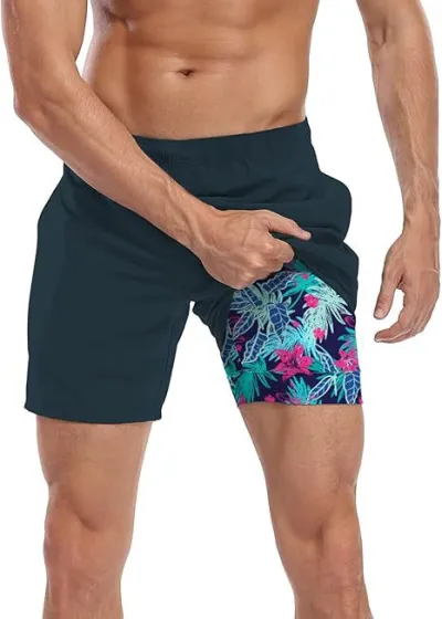 Men's Fashion Casual 3D Digital Printing Double-Layer Beach Shorts with Super Soft Polyester