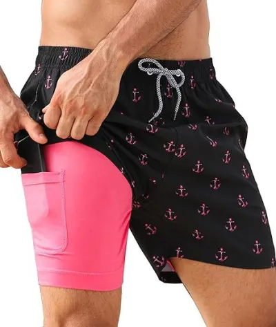 Men's Fashion Casual 3D Digital Printing Double-Layer Beach Shorts with Super Soft Polyester