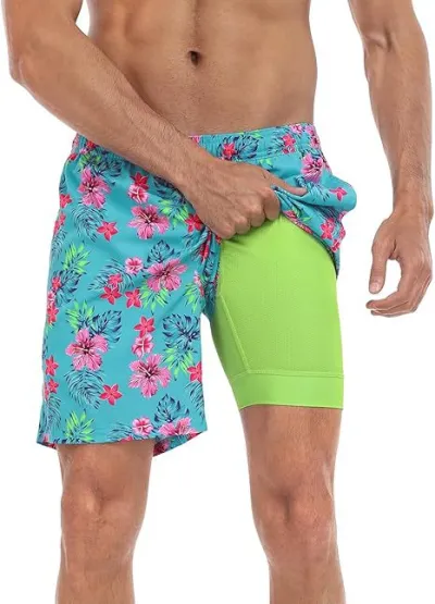 Men's Fashion Casual 3D Digital Printing Double-Layer Beach Shorts with Super Soft Polyester