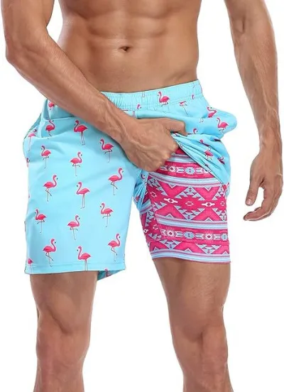 Men's Fashion Casual 3D Digital Printing Double-Layer Beach Shorts with Super Soft Polyester