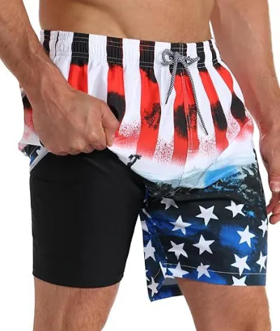 Men's Fashion Casual 3D Digital Printing Double-Layer Beach Shorts with Super Soft Polyester