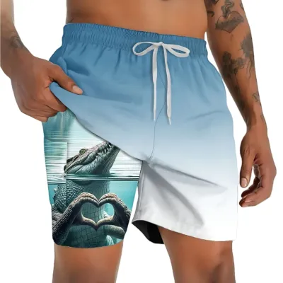 Men Fashion Casual Summer 3D Digital Print Double Beach Shorts
