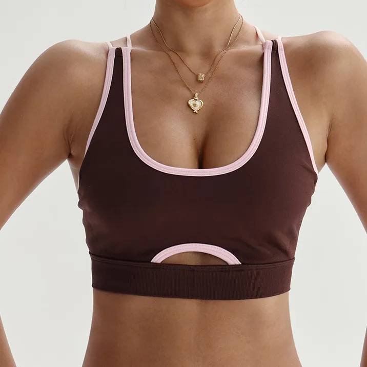 Women Fashion Sexy Contrast Color Cross Back Double Shoulder Strap Sports Yoga Bra